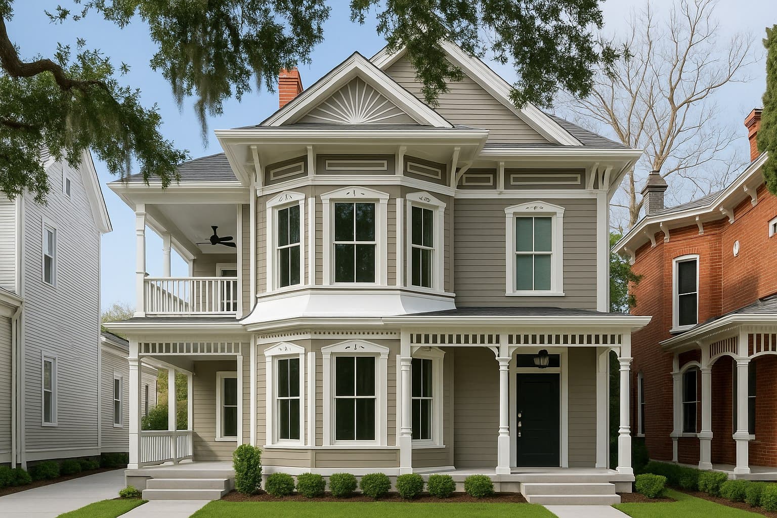 The same Victorian home with fresh sage and white paint, trimmed hedges, and a clean walkway